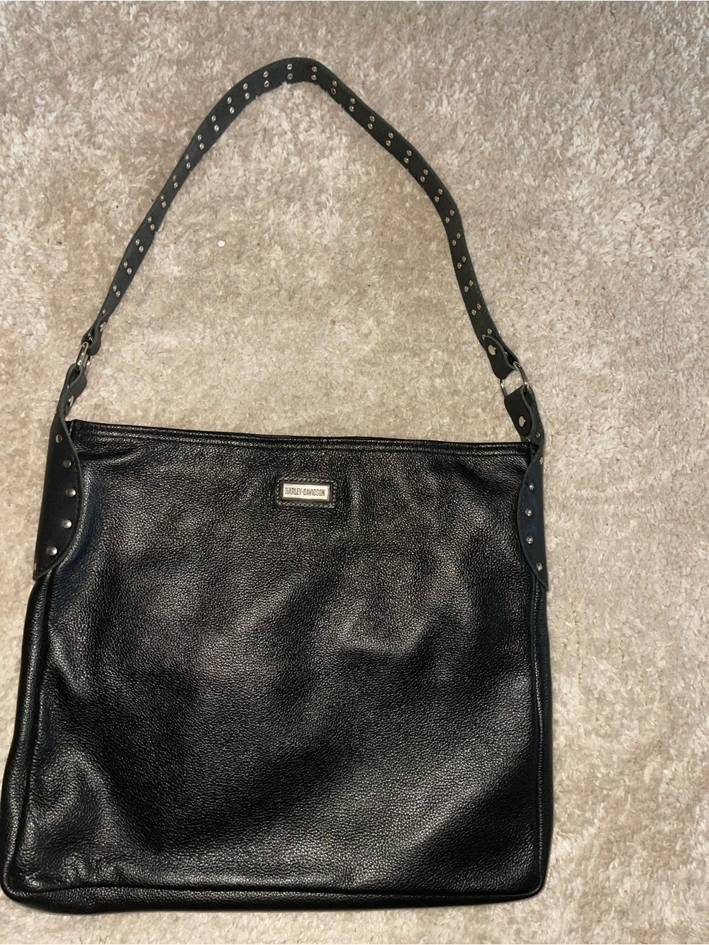 Harley-Davidson Black Pebbled Leather Shoulder Bag with Studded Strap